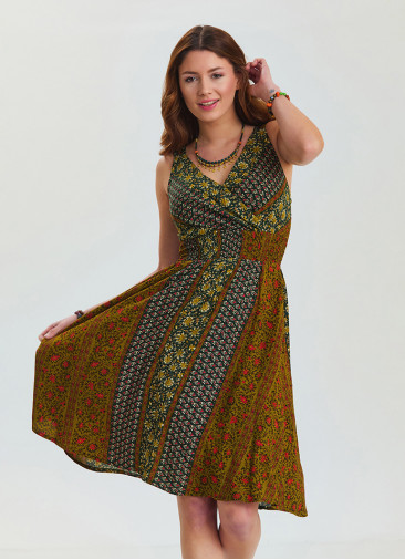 V Neck Robe Green Patterned Midi Dress 4511